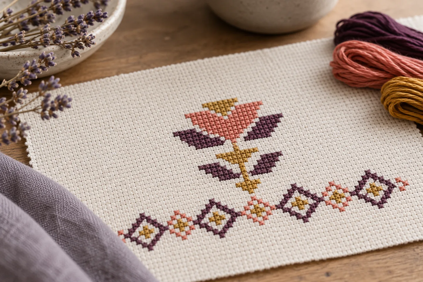 Motif géométrique au point de croix sur une toile claire