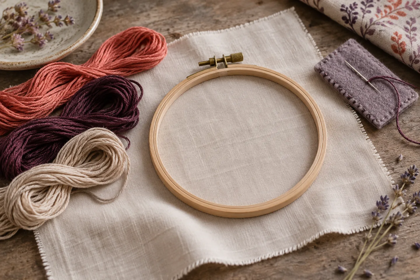 Tambour vide, tissu clair, fils et porte-aiguilles