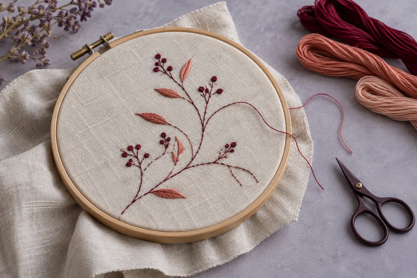Motif végétal brodé dans un tambour, avec des fils corail et aubergine